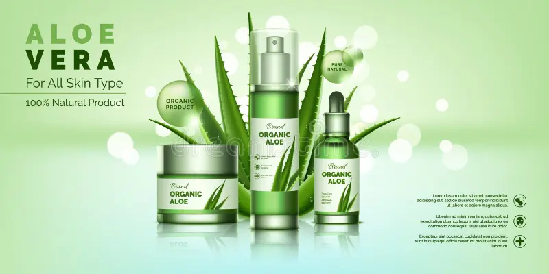 cosmetic-bottles-ad-poster-design-makeup-skincare-natural-products-aloe-vera-gel-moisturizing-cream-beauty-container-green-281359340